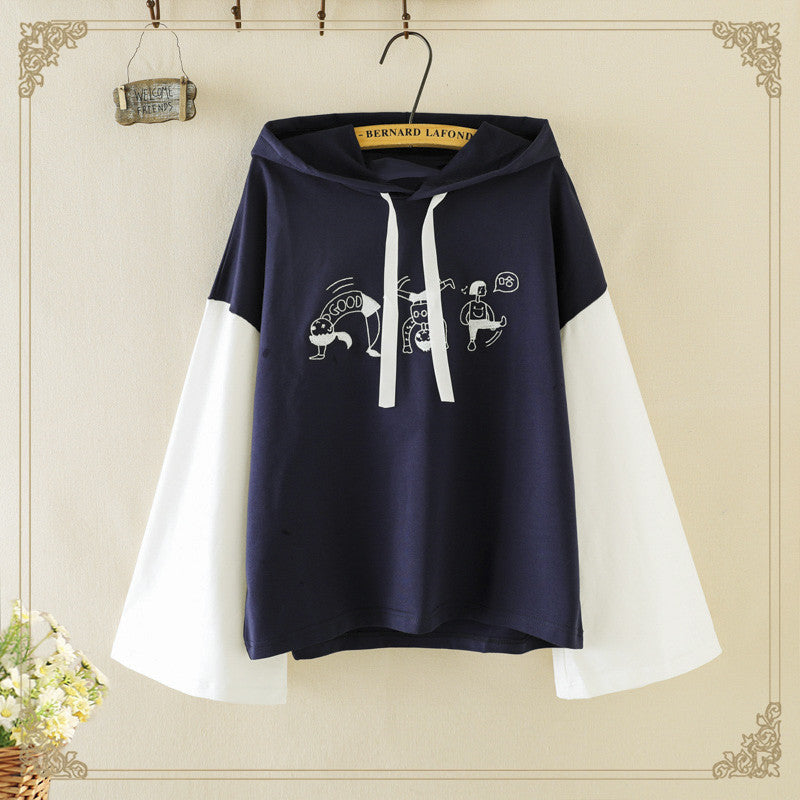 Merry Pretty Women Cartoon Embroidery Hooded Sweatshirts Winter Long Sleeve  Patchwork Hoodies Femme Pullovers