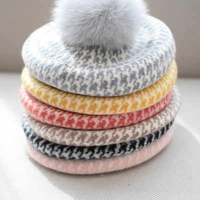 Women's Autumn And Winter Fox Fur Ball Knitted Octagonal Cap