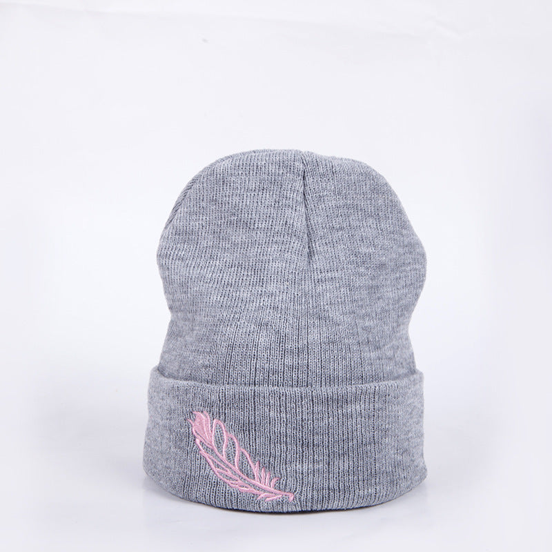 Men's And Women's Versatile Embroidered Feather Knit Hat