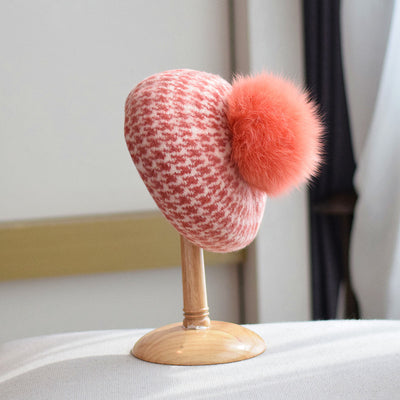 Women's Autumn And Winter Fox Fur Ball Knitted Octagonal Cap